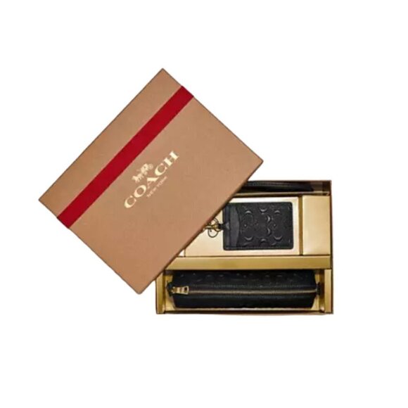 Coach Boxed Pencil Case and ID Lanyard Set in Signature Leather, Black - Picture 1 of 4